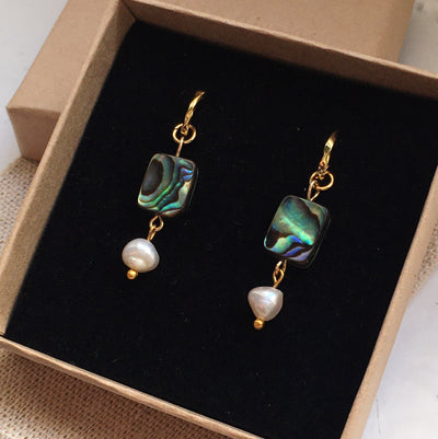 Iridescent Mother of Pearl & Baroque Pearl Drop Earrings in Gold