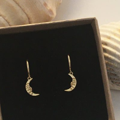 Gold Vivid Moon dangle earrings in a jewellery box.