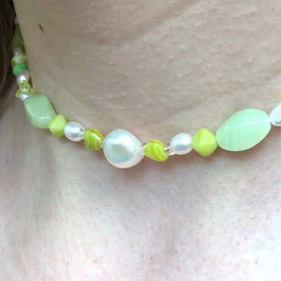 Czech Glass & Pearl Necklace in Pastel Green
