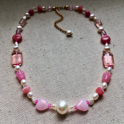 Czech Glass & Pearl Necklace in Rose Pink
