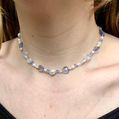 Czech Glass & Pearl Necklace in Mizu Blue